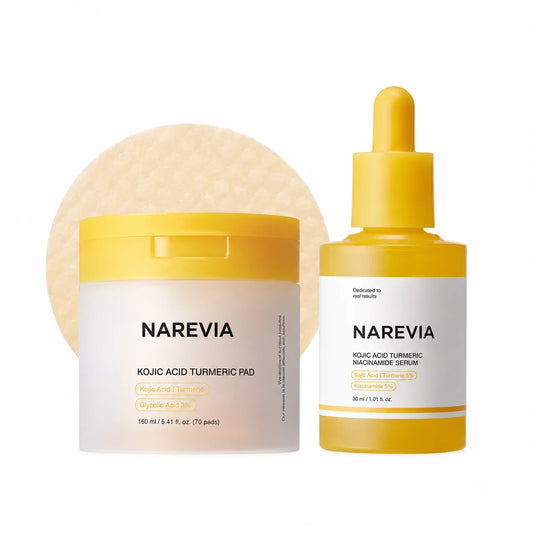 NAREVIA Dúo de 2 Pasos con Ácido Kójico y Cúrcuma, Almohadillas Clarificantes (70 unidades, 5.41 fl oz) + Sérum Iluminador con Niacinamida (1.01 fl oz)