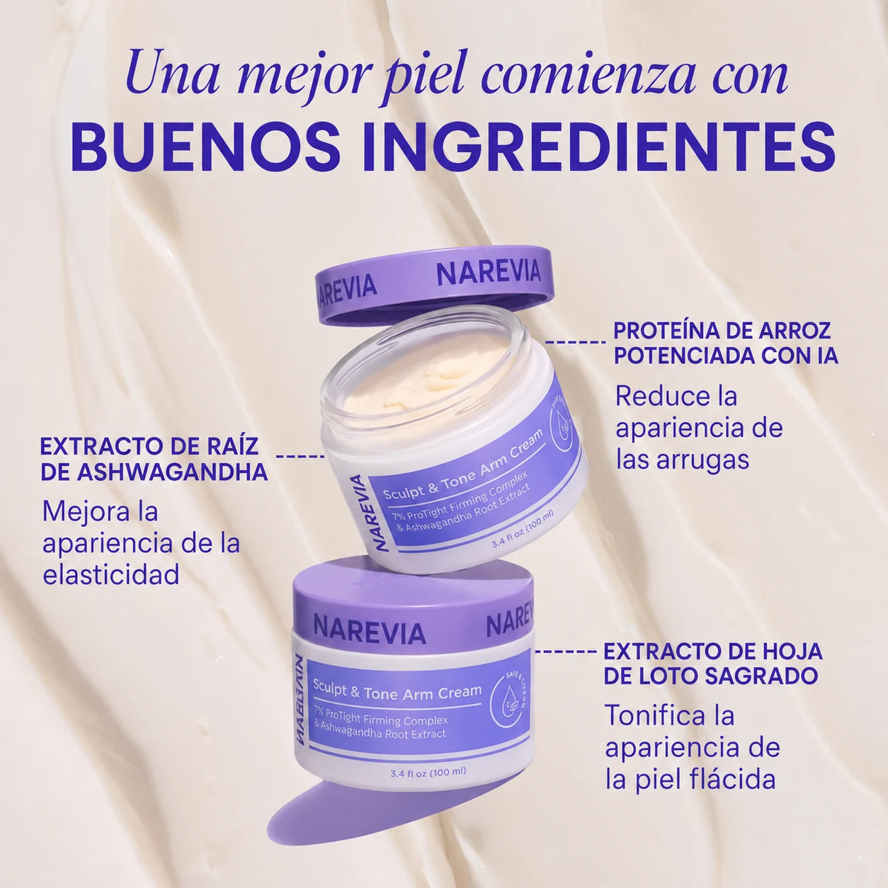 NAREVIA Crema Reafirmante para Brazos Sculpt & Tone con 7% de Complejo Reafirmante ProTight y Extracto de Raíz de Ashwagandha, 3.4 fl oz (100 ml)